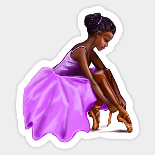 Ballerina dancer lacing her pointe shoes African American woman getting ready to dance ballet Sticker